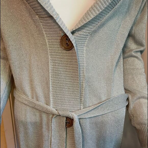 3/$25 NESLAY Shimmer Sparkle Silver Belted Long Sleeves Cardigan.Size XS - Picture 5 of 9